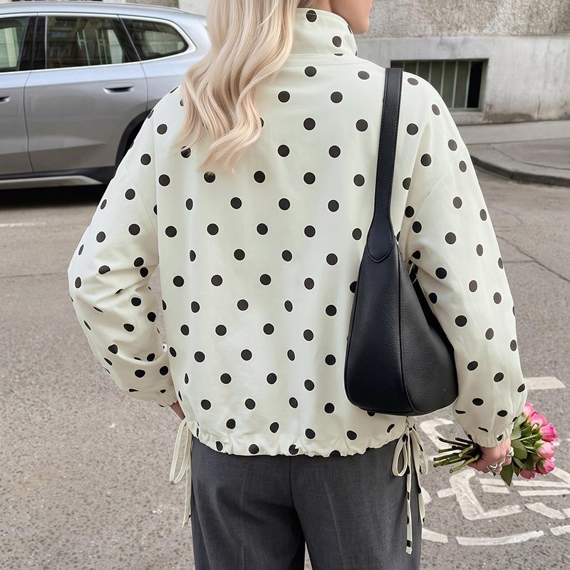 VEZFAA Women's Fashion Casual Polka Dot Print Fall Winter Long Sleeve Stand-Neck Jackets & Coats