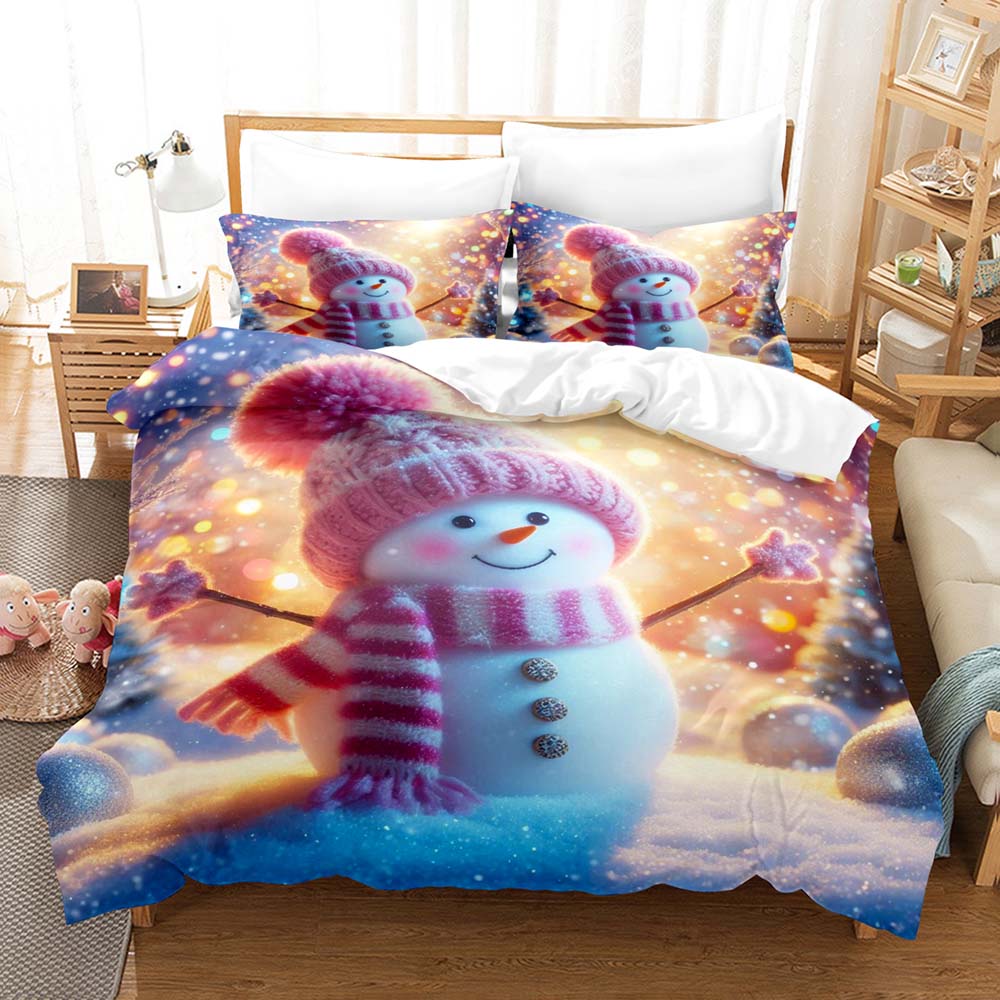 Kawaii Santa Snowman Three Piece Bedding Set Luxury Comforter Set with Queen King Size Including Household Goods Anime Cartoon C