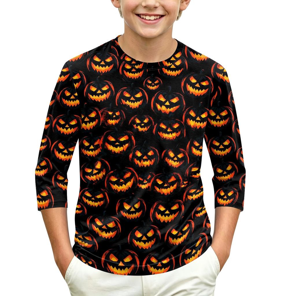 Children's Halloween Print Round Neck Three-Quarter Sleeve Top for Casual Everyday Wear