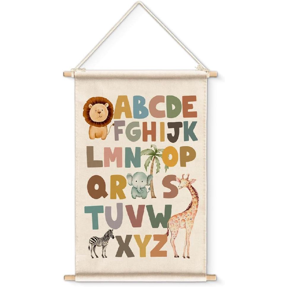 XIPLUM ABC Alphabet Poster Hanger Safari Nursery Wall Art Alphabet Artwork for Classroom Wall Decor Safari Jungle ABC Letters Hanging Banner Prints