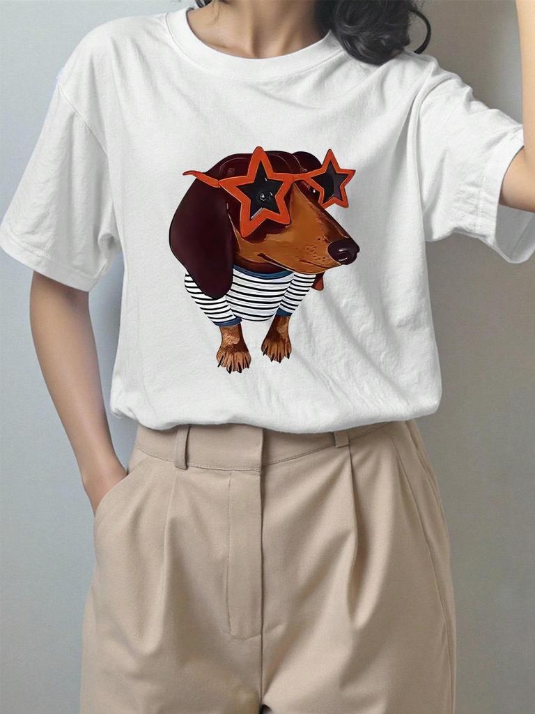 2026 Frühjahr/Sommer Cartoon Dackel Print Lockeres Reines Baumwoll-T-Shirt
