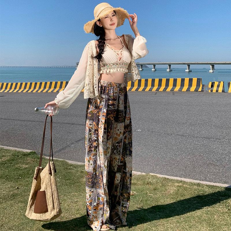Seaside vacation suit, sexy bikini knitted suspenders + sunscreen cardigan + bohemian print wide-leg pants