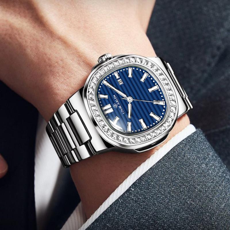 LOUIE JUELEN 43MM Men's Business Fashion Watch Large Dial Temperament Steel Band Quartz Watch 3BAR Water Resistant Moissanite Watch