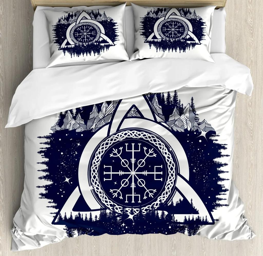 Viking Duvet Cover Set King/Queen Size Slate Blue Mjolnir Pattern Bedding Set Northern Germanic Culture Polyester Quilt Cover