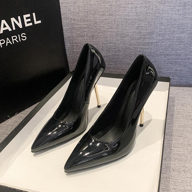 Ultra-fine Steel Needle Women's High Heels Auto Show Metal Heels and Singles Temperament Pointed Toe Black Singles Women 2025