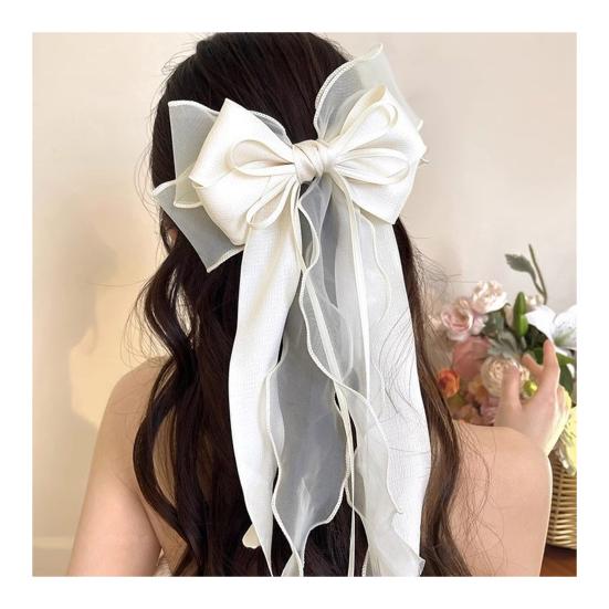 Frühlings-Haarnadel Langes Band Netzgarn Satin Schleife Dekoration Hinterkopf Haarspange Helle Farbe Vielseitig Thematisches Haaraccessoire