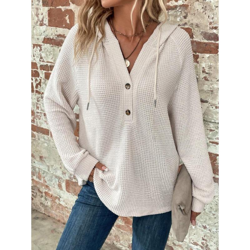 Autumn Solid Color Hooded Button Loose Long Sleeve Sweatshirt