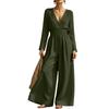 Damen V-Ausschnitt Taillenbetonender Langarm-Jumpsuit, Farbe, Elegant für Arbeit und Abend