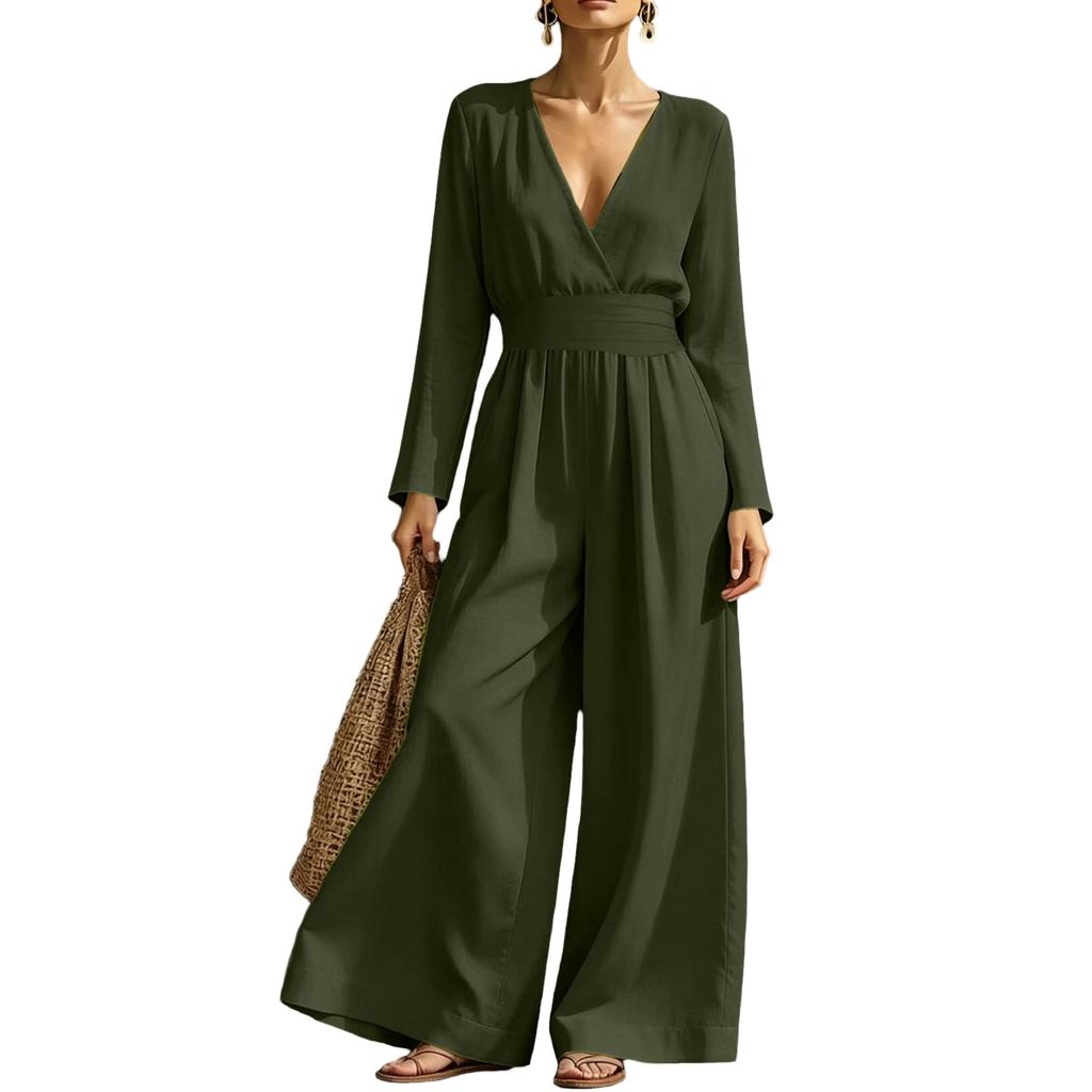 Damen V-Ausschnitt Taillenbetonender Langarm-Jumpsuit, Farbe, Elegant für Arbeit und Abend
