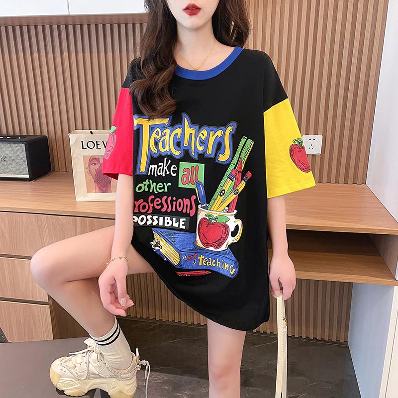 Summer New Dress Medium and Long Contrast Color Crew Neck Short Sleeve T-Shirt Women