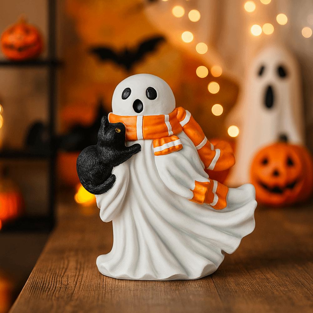 Creative Halloween Ghost Statue Cartoon Halloween Figurine Ghost Black Cat Sculpture  Office Decor