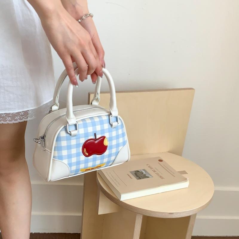 Handheld Red Apple Bag for Women 2026 New Fashiable Korean Versi Bowling Bag Versatile Crossbody Checkered Shell Bag