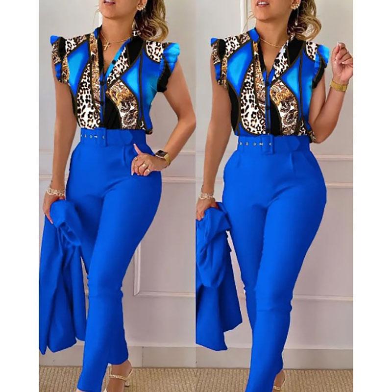 Elegant Women Two Piece Set Suits Fashion Printed Ruffle Sleeve Top Solid Color Pants Set with Belt Blouses Female Clothing