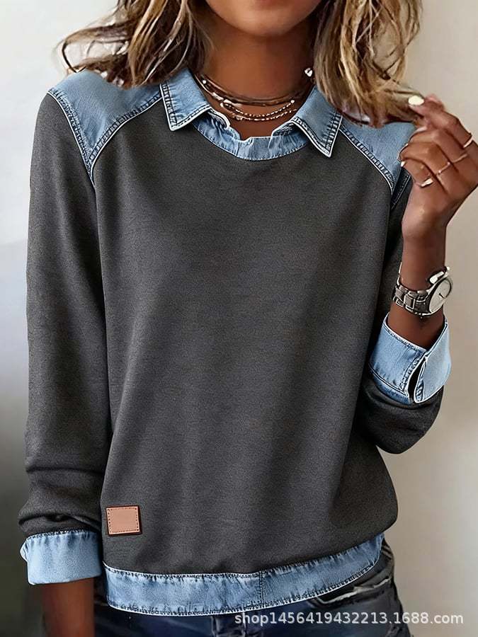 Abbigliamento donna europeo e americano ins colletto in denim maniche lunghe, maglione top a pullover con splicing in maglia