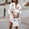 V-Neck Batwing Half Sleeve Layer Ruffle Hem Mini Dress Summer Casual Waist Drawstring Leaves Print Mini Dress Female Clothes