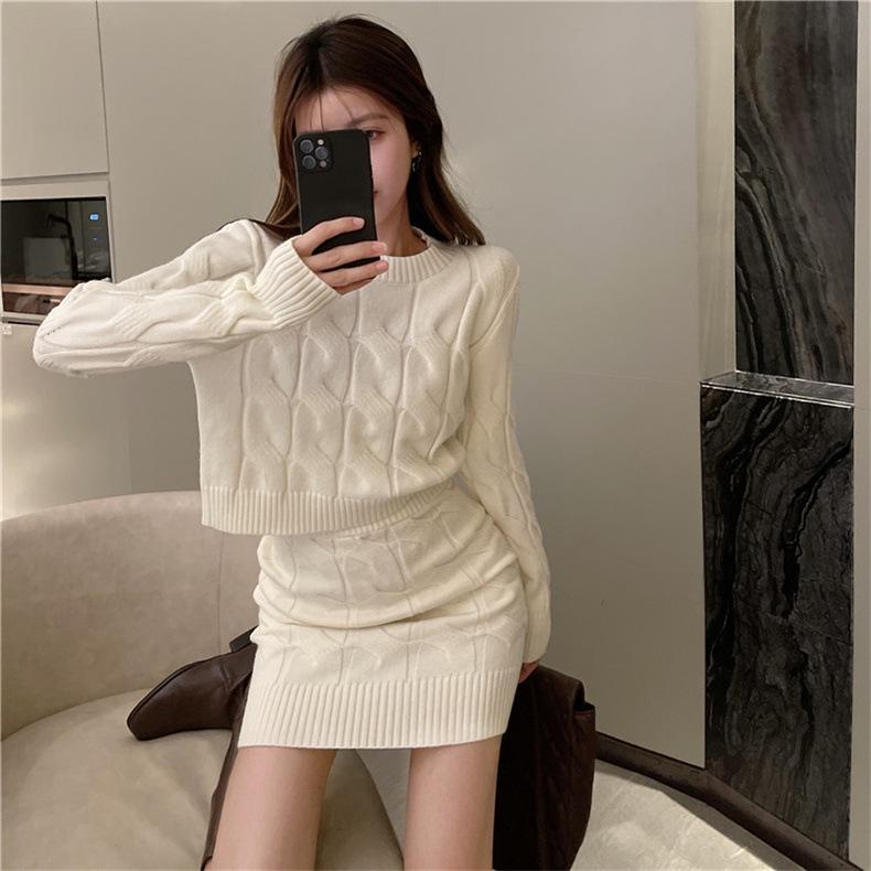 2024 Zopfstrickpullover & Bodycon Minirock Set - Damen Slim Fit, Langarm, Hohe Taille, Lässiger Stil, Verdicktes Zweiteiler.