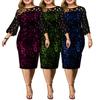 O-Neck 45720 Sleeve Waist Tight Hip Wrap Bodycon Dress Sequins See-Through Mesh