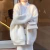 Cardigan Peludo Feminino Decote V Botões Casaco Fofo Oversized Outono Inverno Casual Manga Longa Suéter Peludo Solto