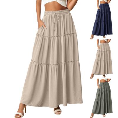 Dames geplooide lente casual lange rok effen kleur rok retro geplooide rok