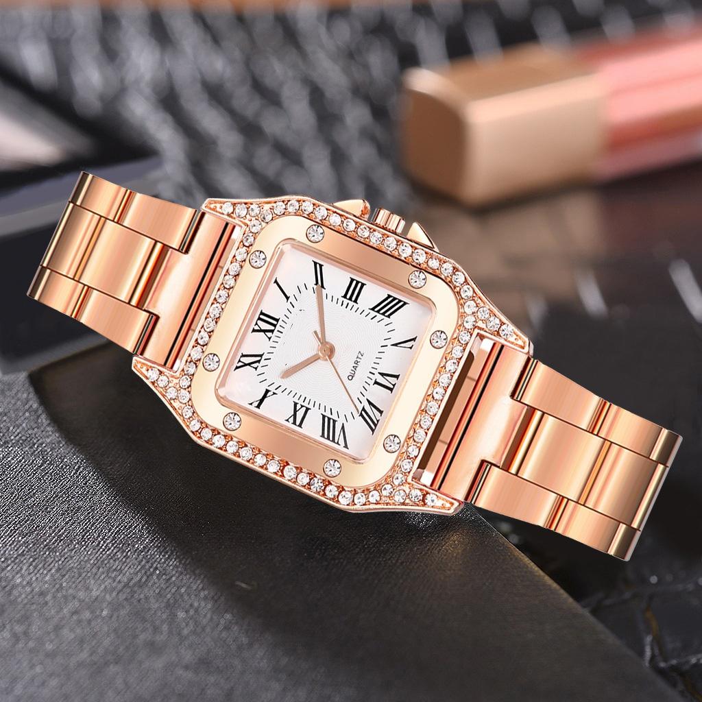 Fashion Luxury Women's Square Watch Diamond Steel Strap Roman Scale Dial Quartz Female Gift Clock Watches