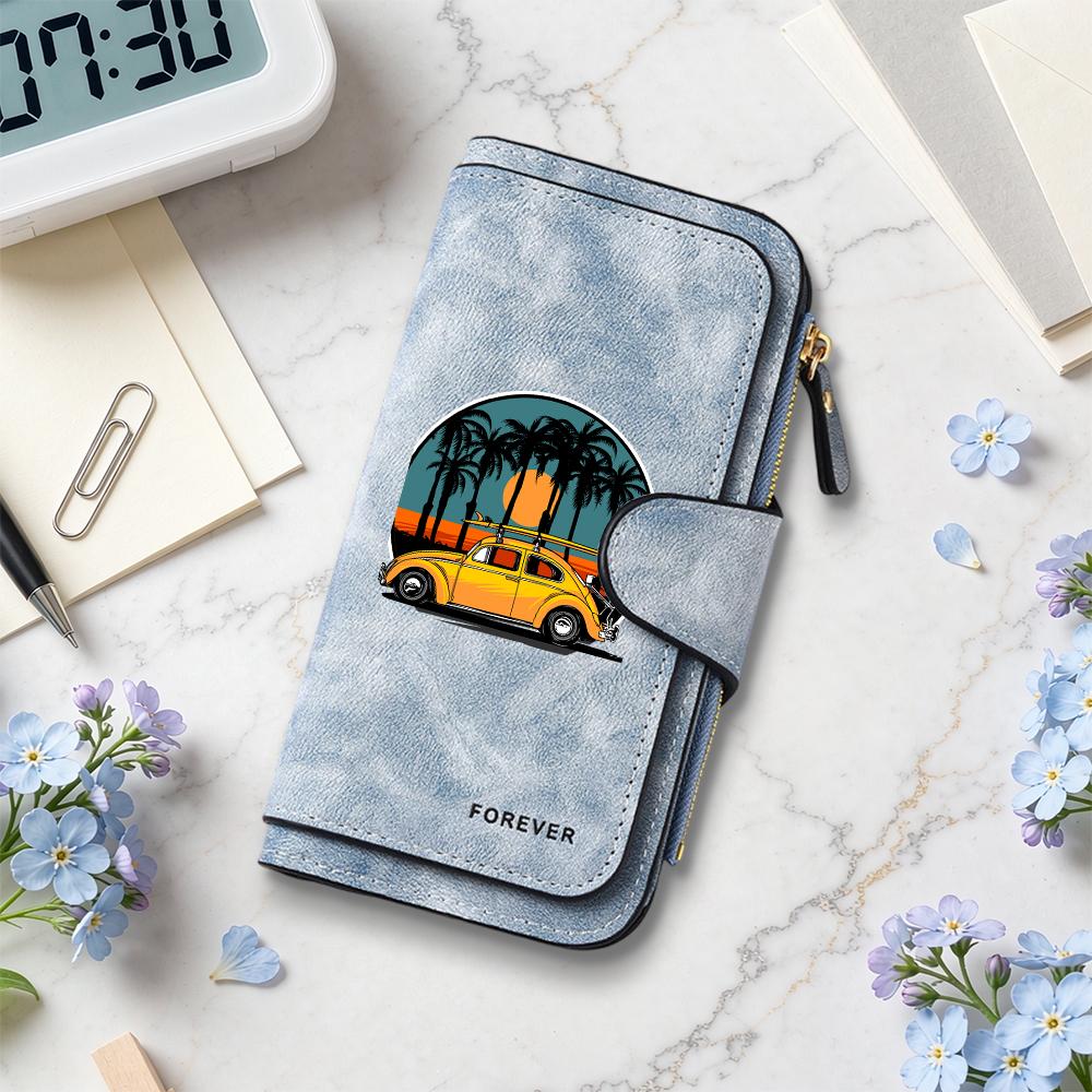 Vintage Palm Beach Car Printed Long Fashion Wallet for Daily Use