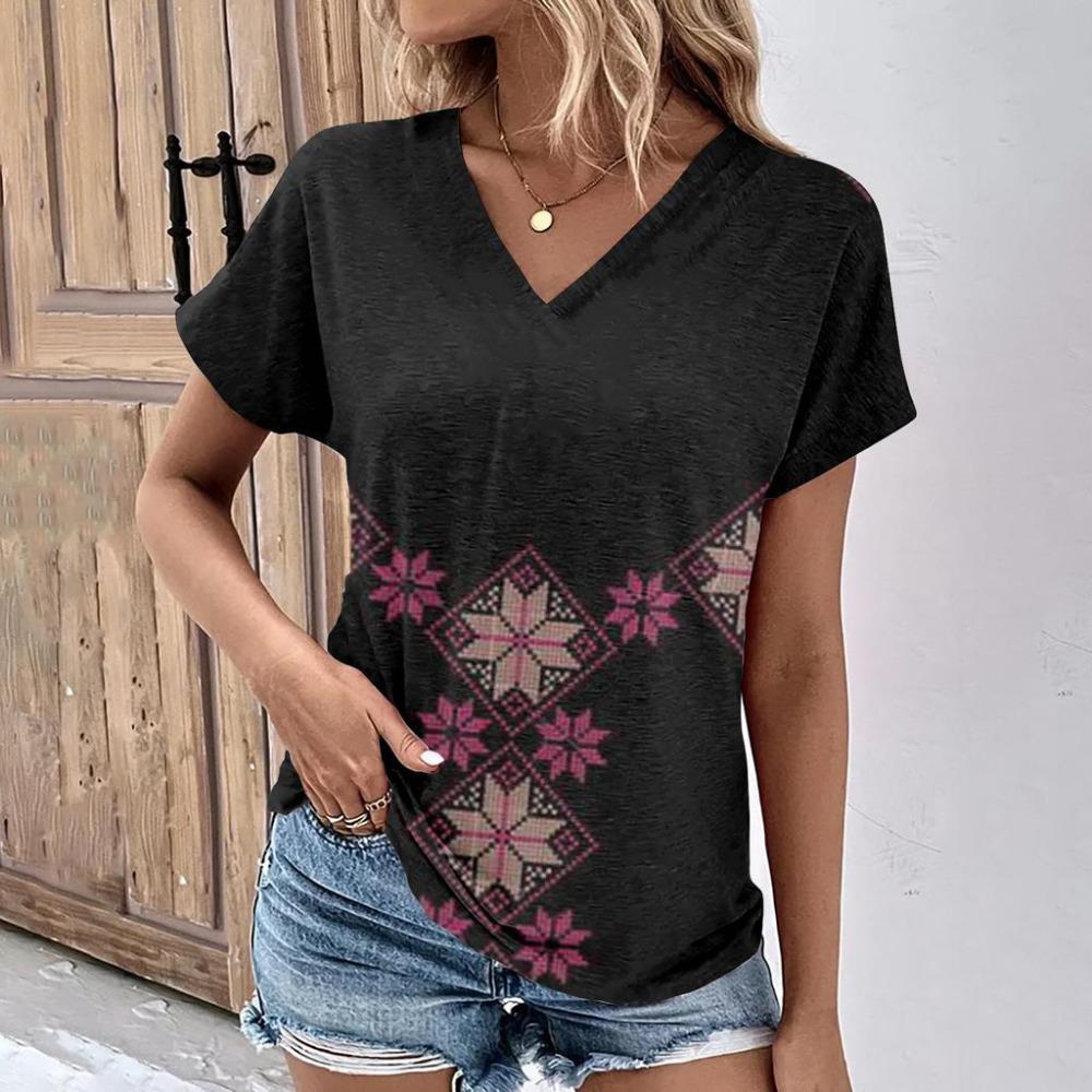 Women's Fashion T-shirts, V-neck Tops, Floral Print T-shirt, Women's Short Sleeve Top, Casual T-shirts, Summer Oversized Clothes