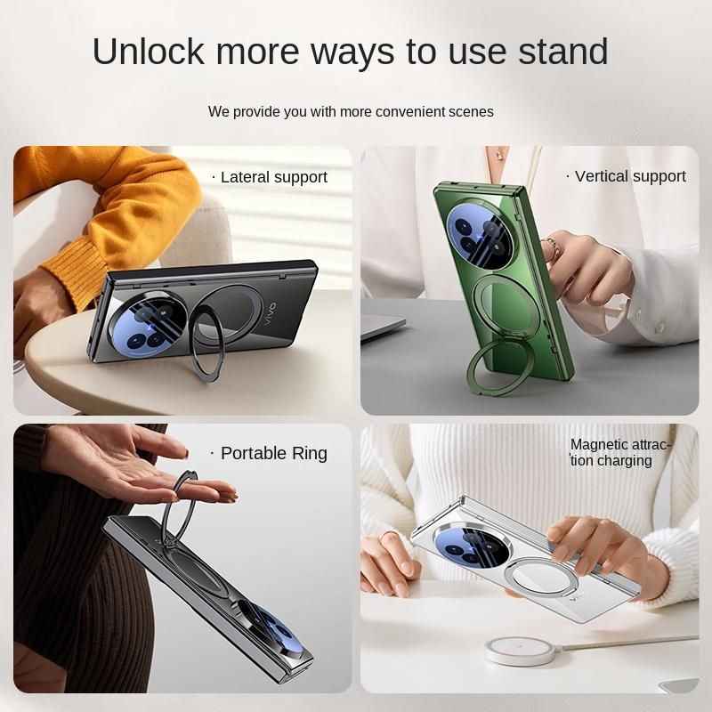 For VIVO X Fold 5 360° Swivel Alloy Bracket Magnetic & Bracket & Ring 3-in-1 Tempered Glass Film Anti-Drop Phone Case