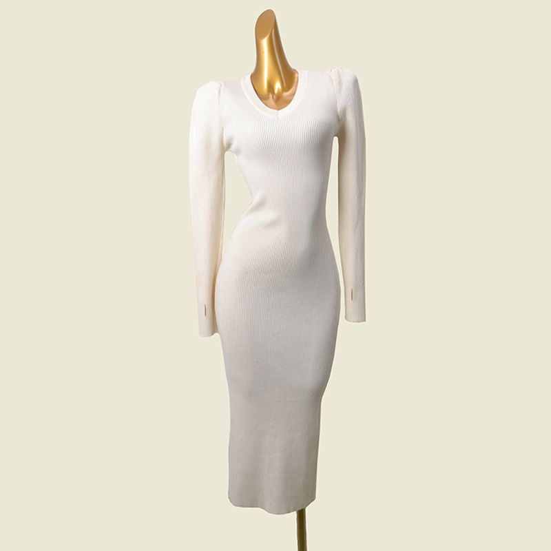 French Style Puff Sleeves V Neck Rear Split Thread Knitting Dress Fashion Wind Slim Fit Slimming Long Sleeves Base Dress