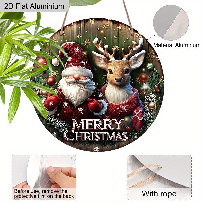 Panneau de Noël Plat en Aluminium 2D avec Motif Père Noël et Élan - Ornements Figurines Rustiques - Idéal pour Porte d'Entrée, Mur, Porche, Décoration de Fenêtre - Idéal