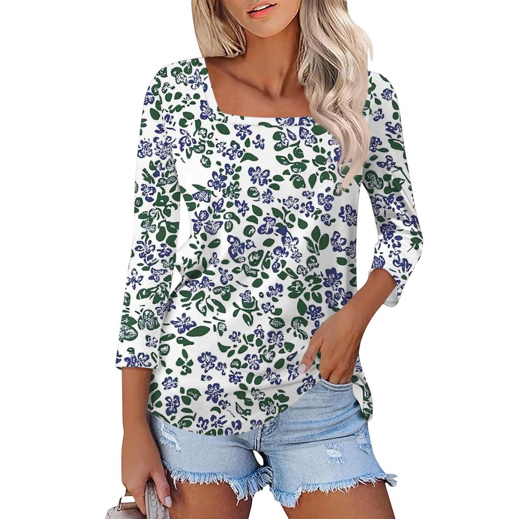 Women's T Shirt Tee Print 3/4 Sleeve Daily Weekend Fashion Basic Square Neck  Regular Top