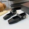 Fashion Fashion Square Toe Rivet Metal Buckle Women Ballet Flats Comfortable Soft Leather Mary Janes Boats Loafers Casual Lazy Shoes