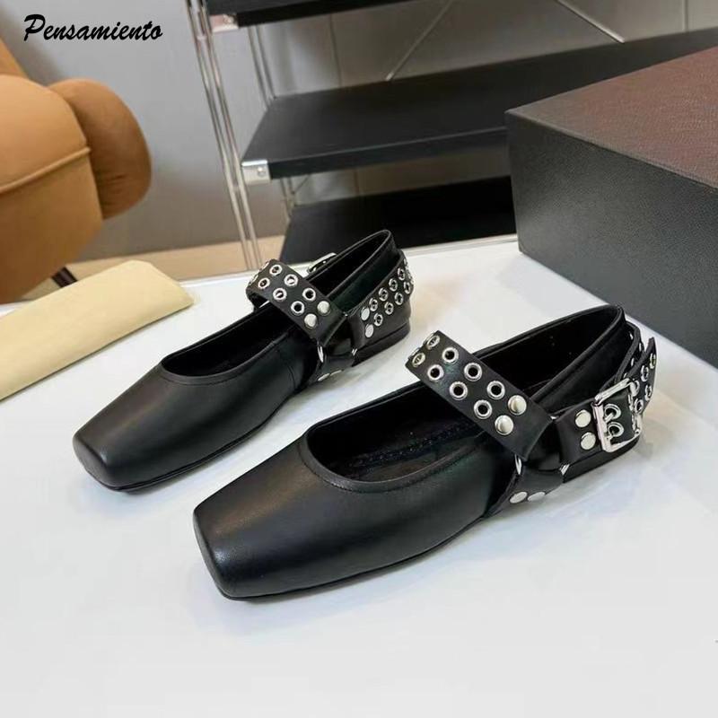 Fashion Fashion Square toe Rivet Metal buckle Women Ballet Flats Comfortable Soft Leather Mary Janes Boats Loafers Casual lazy Shoes