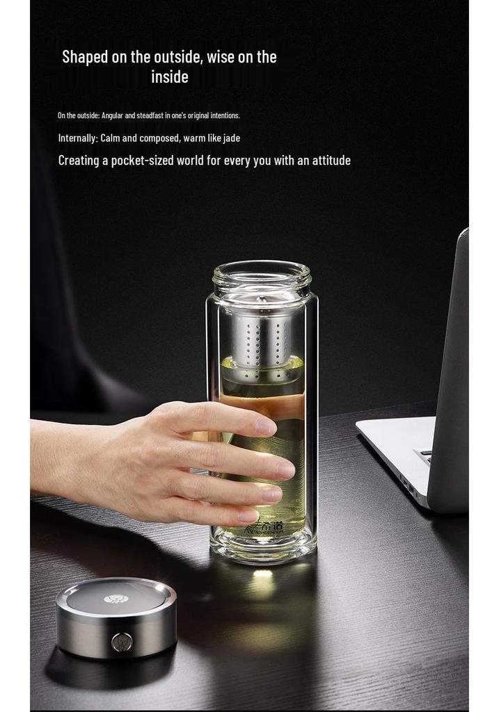 Dual-Layer Antibacterial Glass Cup for Women & Men - Compact Business, Travel, Office, or Car Use.