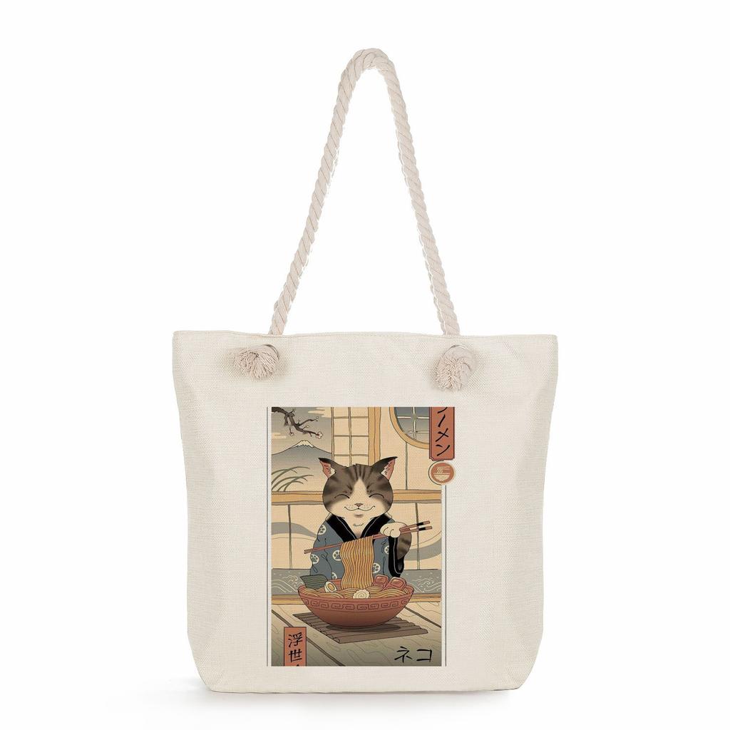 Samurai Cat Print Thick Rope Single-shoulder Beach Bag 7235