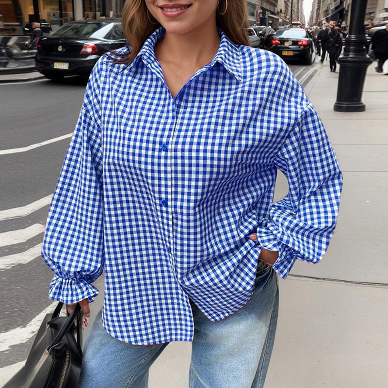 

ZANZEA Женская повседневная блузка с отложным воротником на пуговицах, с длинным рукавом, в клетку 4XL синий