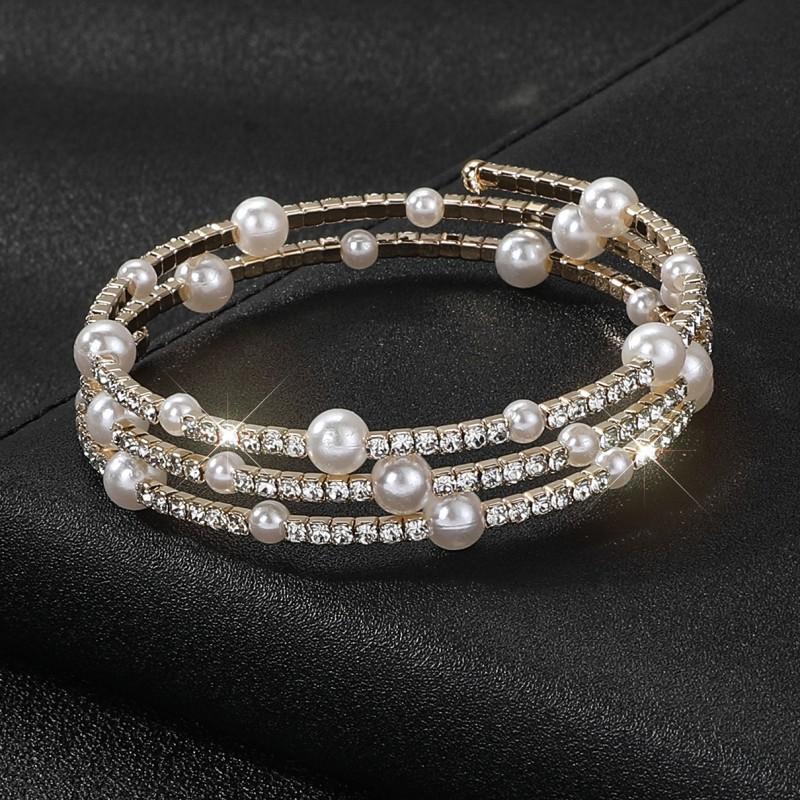 Open pearl rhinestone bracelet, multi-layer ethnic style bracelet bride elastic diamond bracelet women