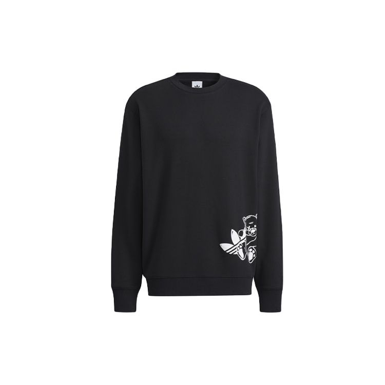 Adidas Originals Bear Crew Logo Print Casual Loose Round Neck Long Sleeve Sweatshirt Men Black HL4111 XS
