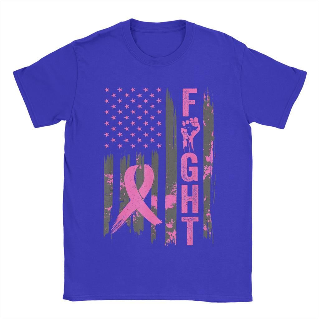 Fight USA Flag Breast Cancer Awareness Patriotic Pink Ribbon Men T Shirts Vintage Tees Short Sleeve Round Neck T-Shirt Clothes