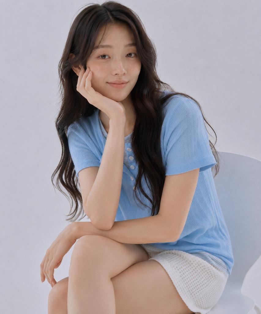 Sayu Soft Layered Henley Neck Short Sleeve Tee Light Blue