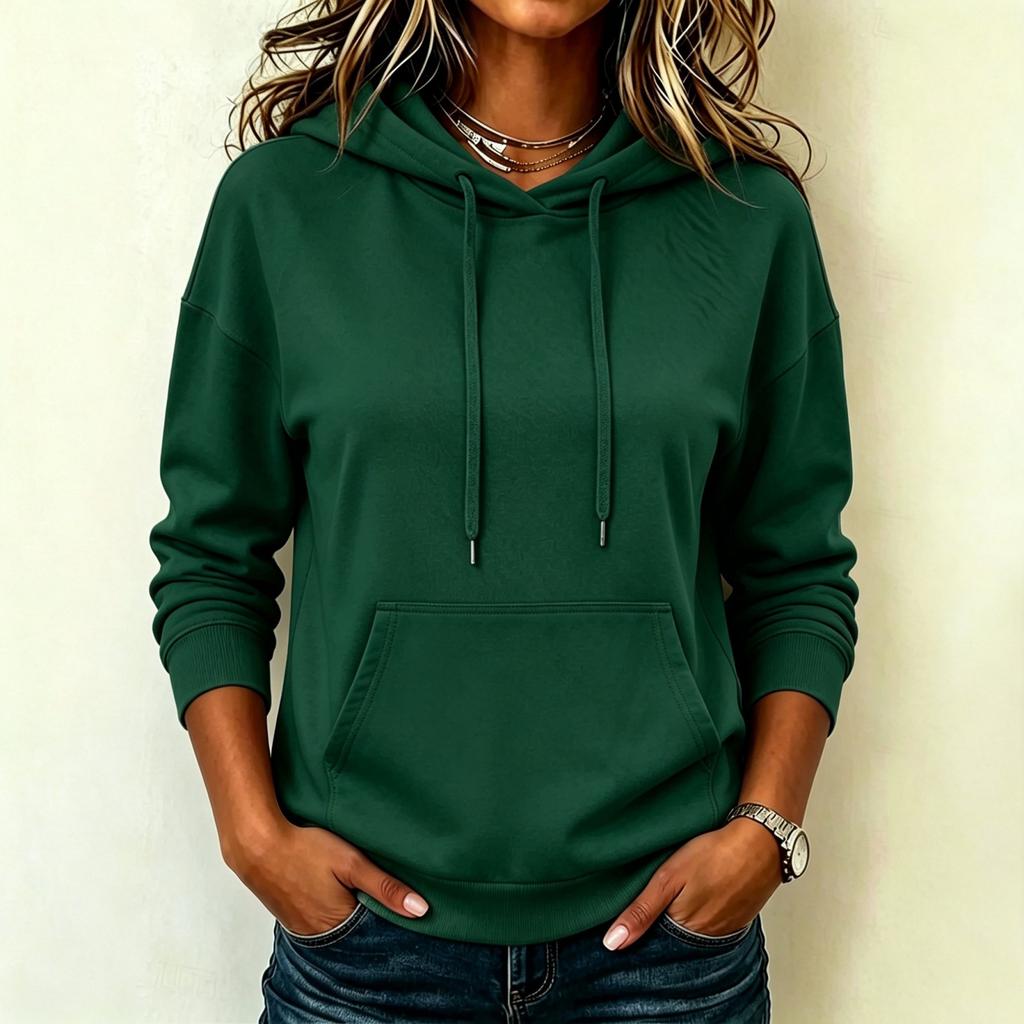 Women's Fashion Long Sleeve Hoodie Pullover Sweatshirt Solid Color Pocket Casual Pullover Sweatshirt with Drawstring Hood and Front Pocket