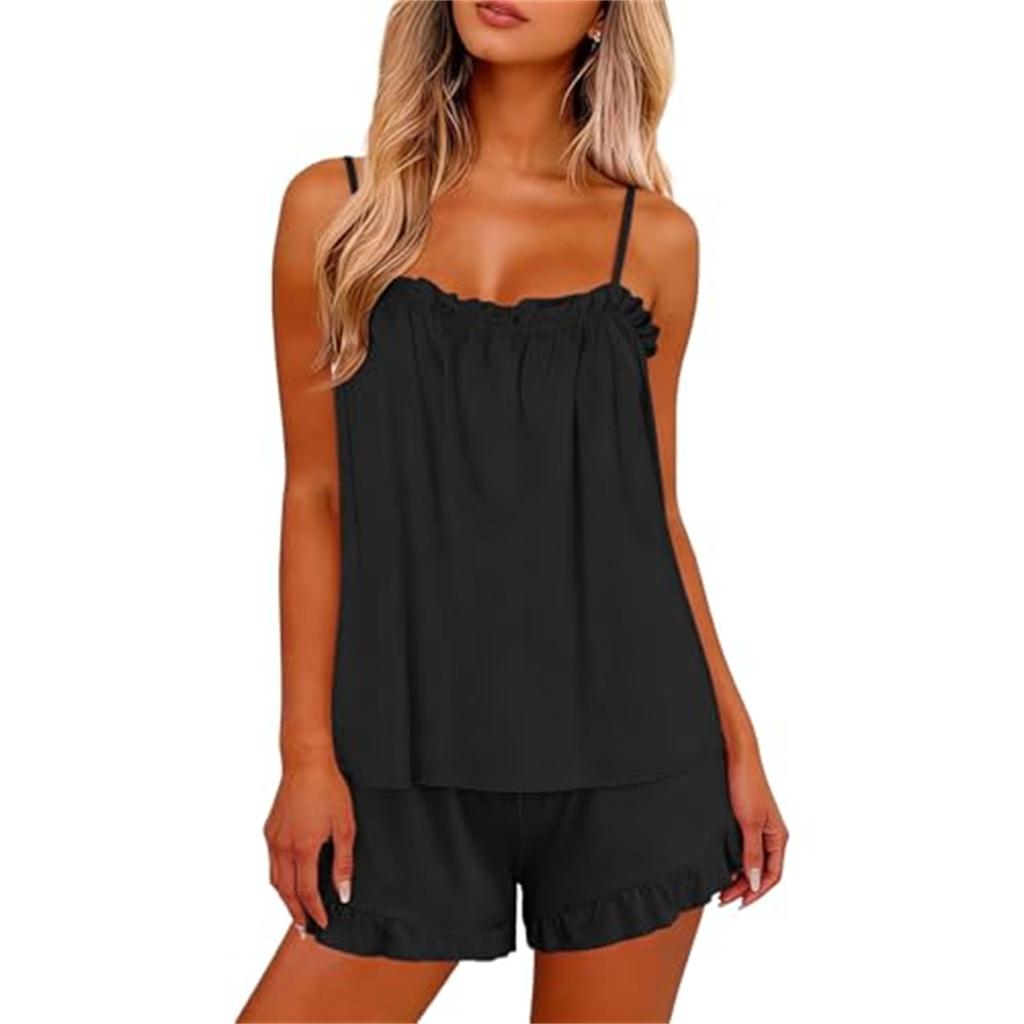 Women's Casual Two Piece Pajama Set Lightweight Sleeveless Top with Adjustable Straps and Elastic Waist Shorts Soft Lounge Sleepwear