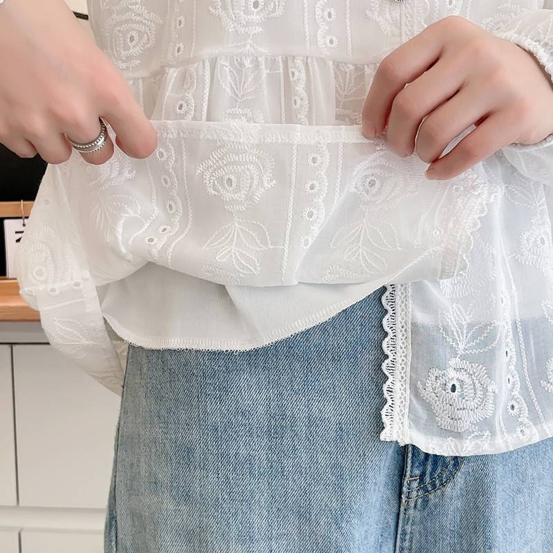 Elegancka Moda Damska Koronkowa Koszula Nowy Kwadratowy Kołnierzyk Luźny Haft Długi Rękaw Bluzka Panie Plus Size Wiosna Jesień Szydełkowa Casualowe Topy