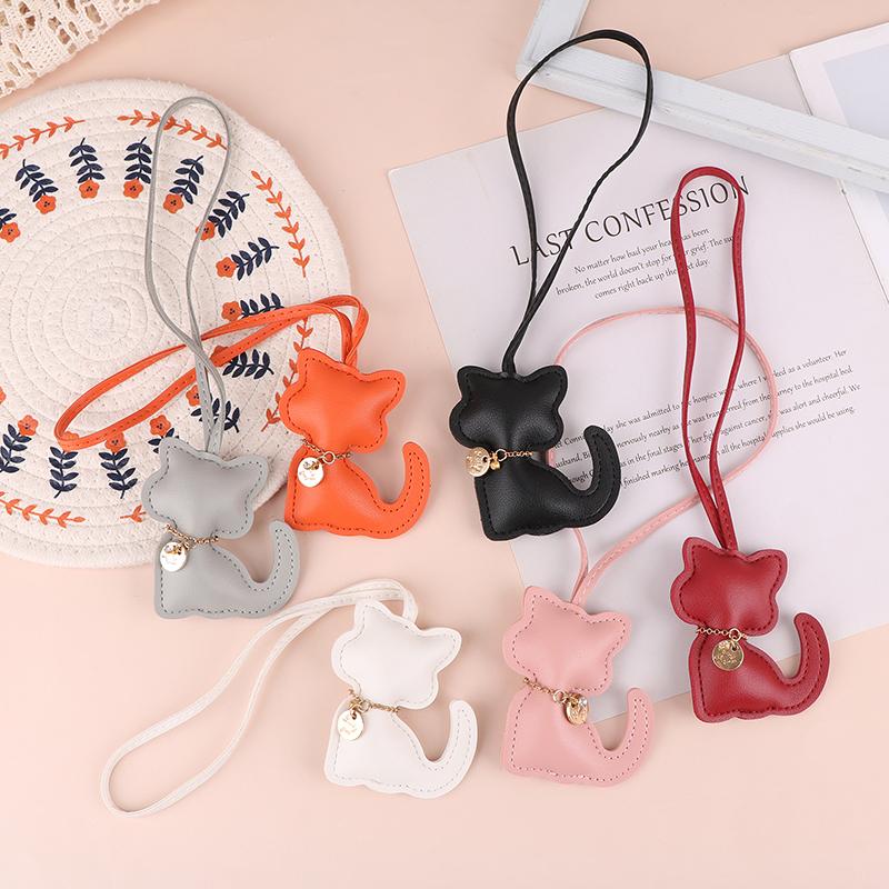 Pu Leather Cat Pendant Keychain Cute Animal Keyring Women Bag Charm Handbag Hanging Decoration For Girl Gifts