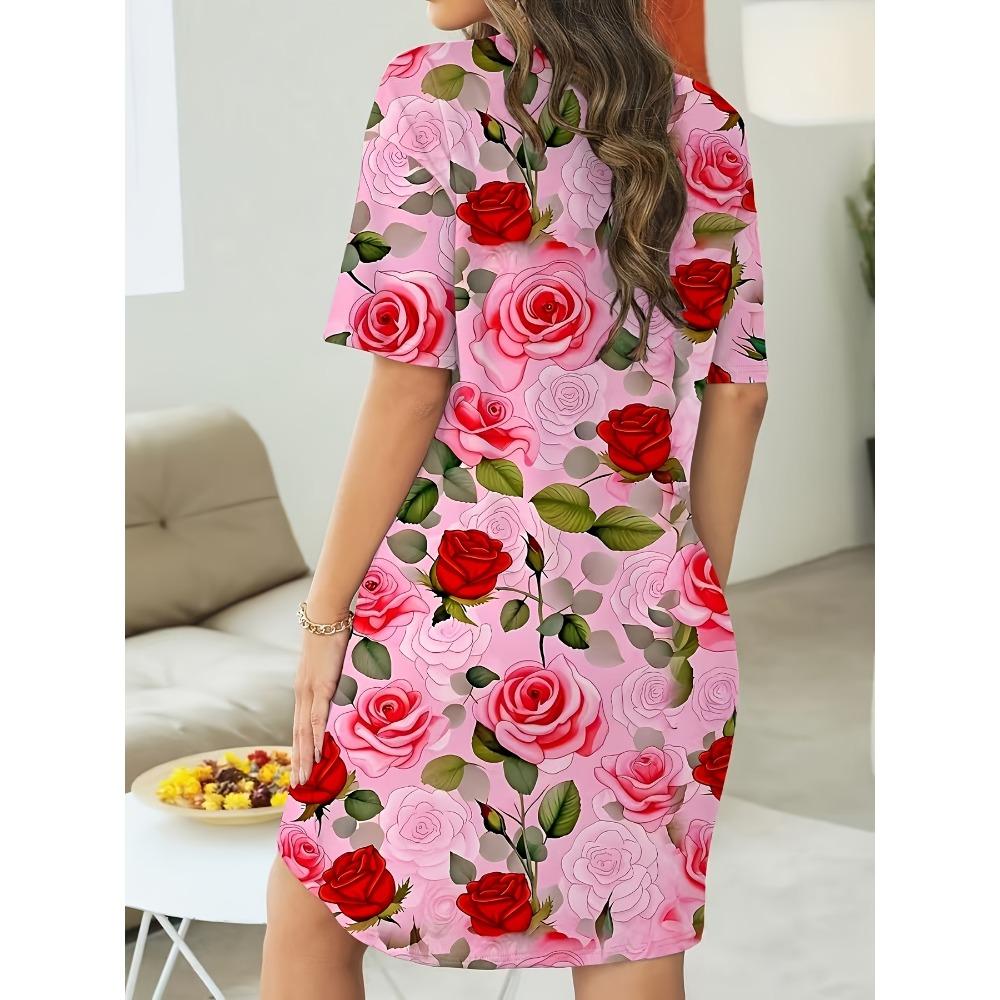 Women's Fashion Round Neck Color Block Floral Print Short Sleeve Mini Dress