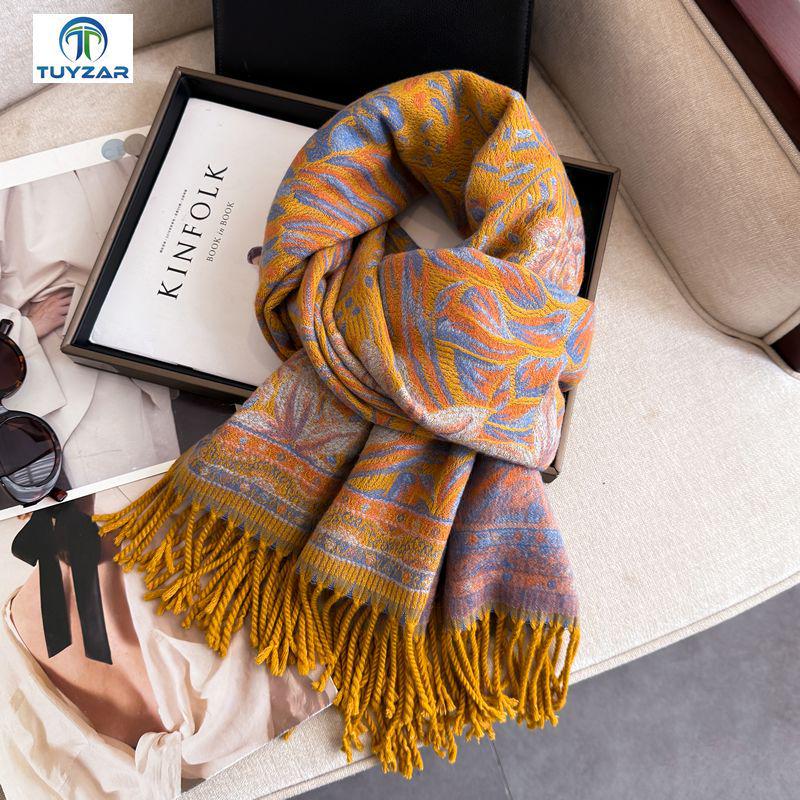 

Жіночий етнічний двосторонній жакардовий шарф, колекція осінь/зима 2025: Товстий, Теплий, М який Імітація Кашеміру Довгий Снуд Шаль. 200cm (with tassels)