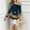 Women Plus Size Asymmetric Cold Shoulder Long Sleeve Blue Purple Gold Fluid Art Print Irregular Wrap Bodycon Midi Dress