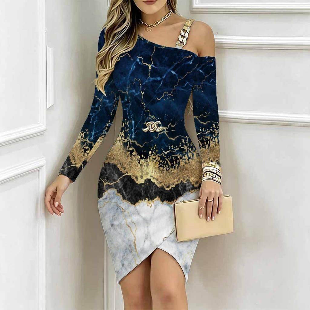 Women Plus Size Asymmetric Cold Shoulder Long Sleeve Blue Purple Gold Fluid Art Print Irregular Wrap Bodycon Midi Dress
