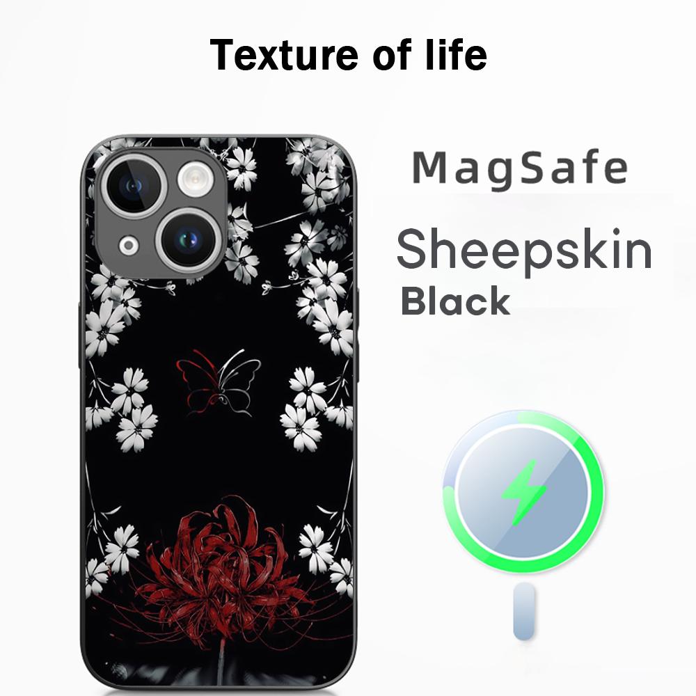 Japan art red spider lily pattern Phone Case For iPhone 17 16 15 14 13 12 Plus Pro Max  High-end Luxury Magsafe Sheepskin