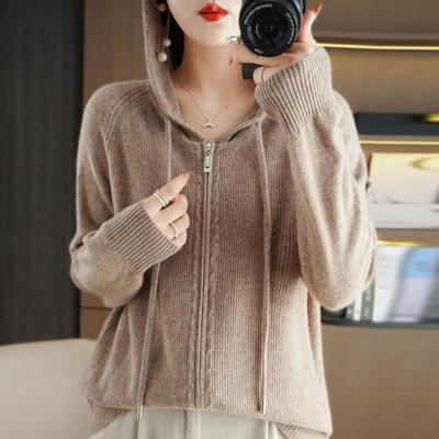 Fashion Hooded Zip Cardigan Women's Autumn and Winter Solid Colour Sweater Coat Casual Versatile Sweater Knitwear