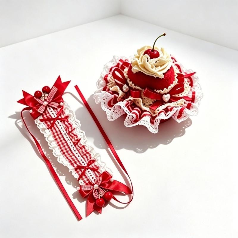 Lace Hairband Hair Barrette with Red Cream Styling and Fabric Ribbon Finish for Decorative Outfit Coordination and Photo Use